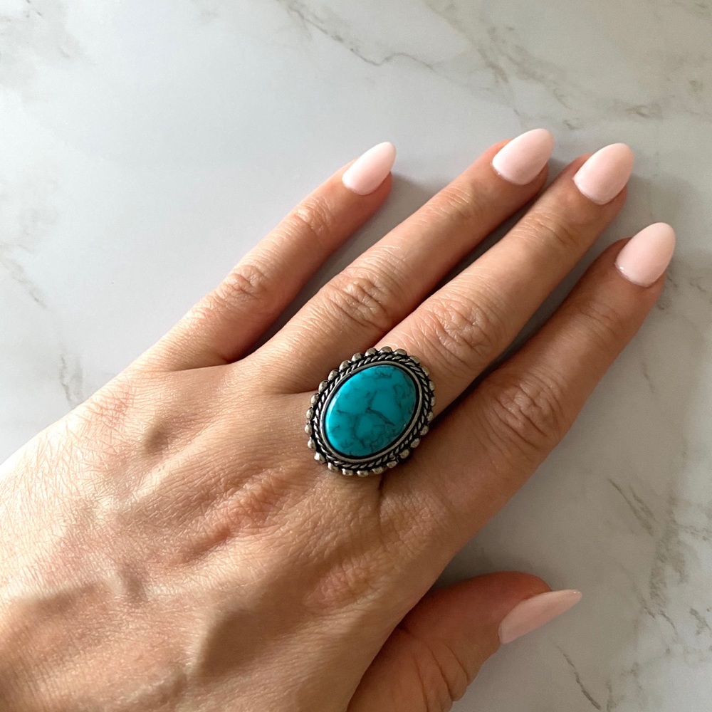 Large Turquoise Stone Adjustable Ring Vintage - image 5
